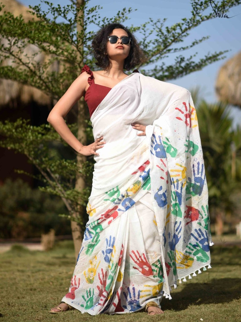 Transparent Cotton Off White Saree|Off White Mul Saree|Suta